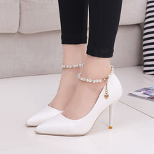 Load image into Gallery viewer, White Women Wedding Shoes Crystal Preal Ankle Strap Bridal Shoes Woman Dress Shoes Seay Pumps Sweet Party Shoes