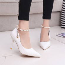 Load image into Gallery viewer, White Women Wedding Shoes Crystal Preal Ankle Strap Bridal Shoes Woman Dress Shoes Seay Pumps Sweet Party Shoes