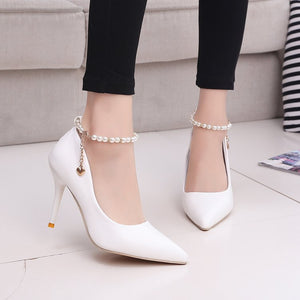 White Women Wedding Shoes Crystal Preal Ankle Strap Bridal Shoes Woman Dress Shoes Seay Pumps Sweet Party Shoes