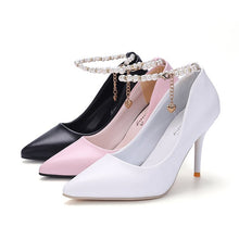 Load image into Gallery viewer, White Women Wedding Shoes Crystal Preal Ankle Strap Bridal Shoes Woman Dress Shoes Seay Pumps Sweet Party Shoes