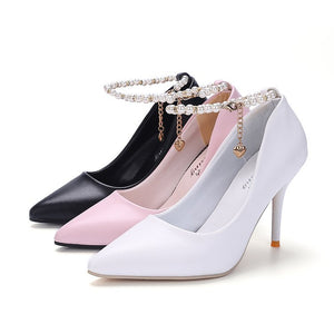 White Women Wedding Shoes Crystal Preal Ankle Strap Bridal Shoes Woman Dress Shoes Seay Pumps Sweet Party Shoes