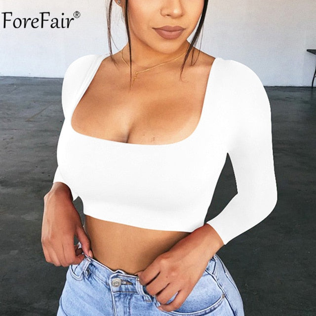 Women Sexy Casual Square Neck Long Sleeve Crop Top