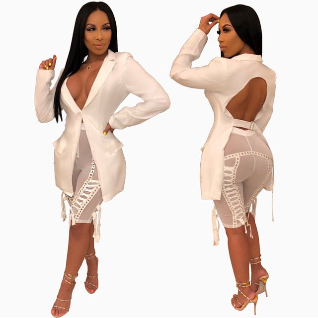 Echoine Casual Sexy V-neck Backless White Blazer Autumn women Vintage women jacket long Black blazers Coat femme