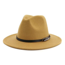 Load image into Gallery viewer, Men Women Flat Brim Panama Style Wool Felt Jazz Fedora Hat Cap Gentleman Europe Formal Hat Yellow Floppy Trilby Party Hat