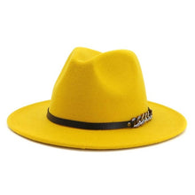 Load image into Gallery viewer, Men Women Flat Brim Panama Style Wool Felt Jazz Fedora Hat Cap Gentleman Europe Formal Hat Yellow Floppy Trilby Party Hat