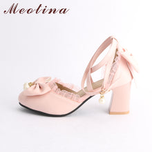 Load image into Gallery viewer, Women Lolita Shoes Ankle Strap Pumps Pearls Lace High Heels Party Shoes