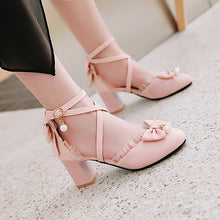 Load image into Gallery viewer, Women Lolita Shoes Ankle Strap Pumps Pearls Lace High Heels Party Shoes