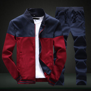 Men Sets Fashion Sporting Suit Patchwork Zipper Sweatshirt +Sweatpants 2 Pieces Sets Slim Tracksuit