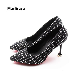 Women Fashion Black Plaid Slip on High Heel Shoes Lady Casual High Quality Spring Shoes