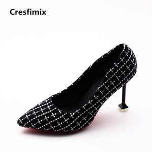 Women Fashion Black Plaid Slip on High Heel Shoes Lady Casual High Quality Spring Shoes