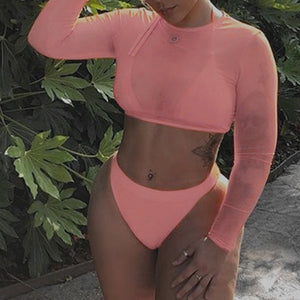 In-X Sexy see through bikinis 2020 mujer 3 piece swimsuit female neon green bikini Long sleeve mesh swimwear women bathing suit