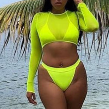 Load image into Gallery viewer, In-X Sexy see through bikinis 2020 mujer 3 piece swimsuit female neon green bikini Long sleeve mesh swimwear women bathing suit