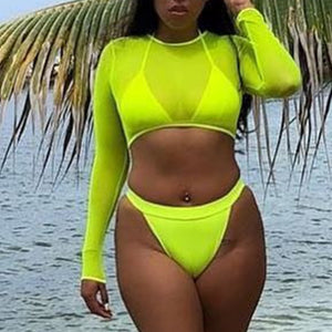 In-X Sexy see through bikinis 2020 mujer 3 piece swimsuit female neon green bikini Long sleeve mesh swimwear women bathing suit