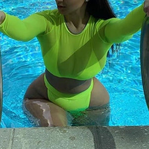 In-X Sexy see through bikinis 2020 mujer 3 piece swimsuit female neon green bikini Long sleeve mesh swimwear women bathing suit