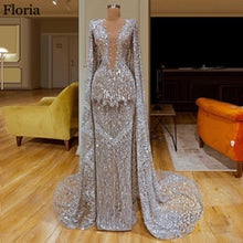 Load image into Gallery viewer, New Arabic Sequin Celebrity Dress 2020 Mermaid Long Dubai Red Carpet Prom Dress With Cape Turkish Evening Dress Pageant Gowns