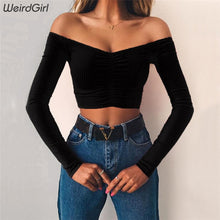 Load image into Gallery viewer, Weirdgirl women T-shirts sexy and club fashion female T-shirt long sleeve off shoulder solid color lady Tshirt autumn basic tees