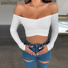 Load image into Gallery viewer, Weirdgirl women T-shirts sexy and club fashion female T-shirt long sleeve off shoulder solid color lady Tshirt autumn basic tees