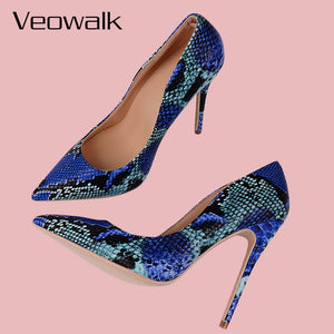 Veowalk Snake Printing Leather Women Super High Heels Sexy Ladies Pointed Toe Stiletto Pumps Slip on Heeled Party Shoes Blue