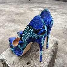 Load image into Gallery viewer, Veowalk Snake Printing Leather Women Super High Heels Sexy Ladies Pointed Toe Stiletto Pumps Slip on Heeled Party Shoes Blue