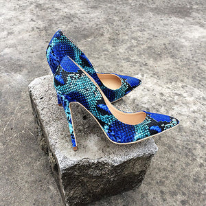 Veowalk Snake Printing Leather Women Super High Heels Sexy Ladies Pointed Toe Stiletto Pumps Slip on Heeled Party Shoes Blue