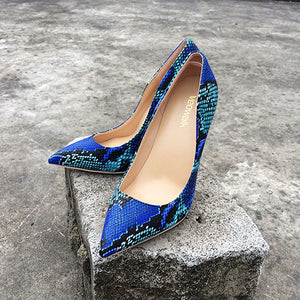 Veowalk Snake Printing Leather Women Super High Heels Sexy Ladies Pointed Toe Stiletto Pumps Slip on Heeled Party Shoes Blue