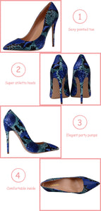 Veowalk Snake Printing Leather Women Super High Heels Sexy Ladies Pointed Toe Stiletto Pumps Slip on Heeled Party Shoes Blue