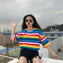 Load image into Gallery viewer, Women Rainbow Striped Tops Short Sleeve Punk T-shirt