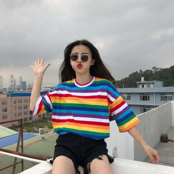 Women Rainbow Striped Tops Short Sleeve Punk T-shirt