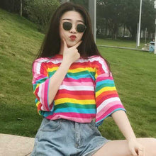 Load image into Gallery viewer, Women Rainbow Striped Tops Short Sleeve Punk T-shirt
