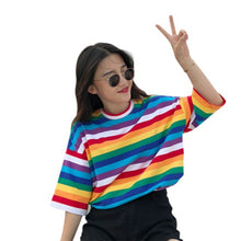 Load image into Gallery viewer, Women Rainbow Striped Tops Short Sleeve Punk T-shirt