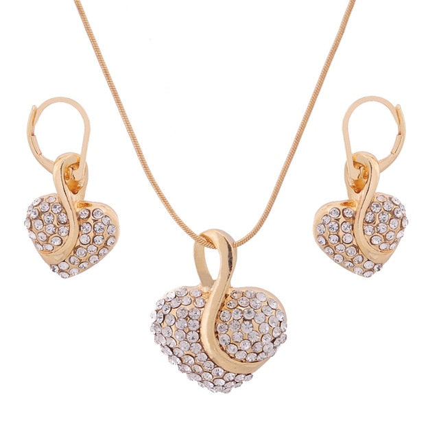 Fashion Jewelry Luxury Gold-color Romantic Austrian Crystal heart shape Chain Necklace Earrings Jewelry Sets