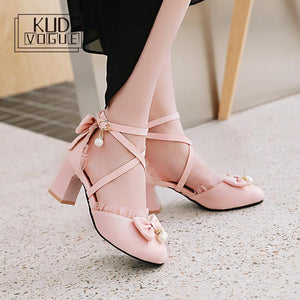 Women Retro Harajuku Kawaii Style High Heel Shoes Woman Ankle Strap Pumps