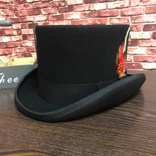 Load image into Gallery viewer, Black Men Woolen Fedora Hat Flat Mad Hatter Top Hat Traditional President Party Hat Steampunk Magic Hat with feather