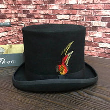 Load image into Gallery viewer, Black Men Woolen Fedora Hat Flat Mad Hatter Top Hat Traditional President Party Hat Steampunk Magic Hat with feather
