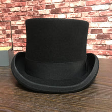 Load image into Gallery viewer, Black Men Woolen Fedora Hat Flat Mad Hatter Top Hat Traditional President Party Hat Steampunk Magic Hat with feather