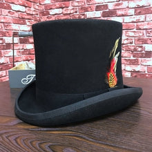 Load image into Gallery viewer, Black Men Woolen Fedora Hat Flat Mad Hatter Top Hat Traditional President Party Hat Steampunk Magic Hat with feather