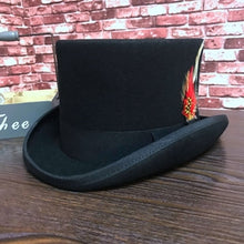 Load image into Gallery viewer, Black Men Woolen Fedora Hat Flat Mad Hatter Top Hat Traditional President Party Hat Steampunk Magic Hat with feather
