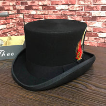 Load image into Gallery viewer, Black Men Woolen Fedora Hat Flat Mad Hatter Top Hat Traditional President Party Hat Steampunk Magic Hat with feather
