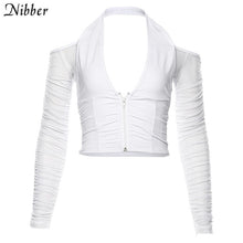 Load image into Gallery viewer, V-neck mesh patchwork t-shirt women strapless long sleeve crop top Tee shirts