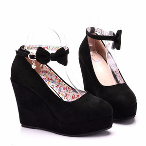 Crystal Queen Women High Heels Shoes Fashion Buckle Wedges Ladies Platform Buckle Bow tie Pumps