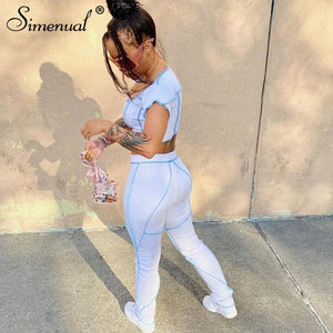 Simenual Striped Patchwork Sporty Matching Set Women Fashion Casual Workout 2 Piece Outfits Short Sleeve Crop Top And Pants Sets