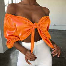 Load image into Gallery viewer, Slash Neck Top Women Off-shoulder 3/4 Sleeve Cropped Bow Tie T Shirt
