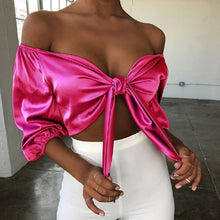 Load image into Gallery viewer, Slash Neck Top Women Off-shoulder 3/4 Sleeve Cropped Bow Tie T Shirt