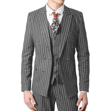 Load image into Gallery viewer, Double Breasted Groomsmen Black/Grey/Navy with White Stripes Groom Tuxedos Peak Lapel Men Suits ( Jacket+Pants+Vest+Tie ) C814