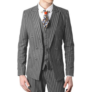 Double Breasted Groomsmen Black/Grey/Navy with White Stripes Groom Tuxedos Peak Lapel Men Suits ( Jacket+Pants+Vest+Tie ) C814