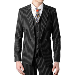 Double Breasted Groomsmen Black/Grey/Navy with White Stripes Groom Tuxedos Peak Lapel Men Suits ( Jacket+Pants+Vest+Tie ) C814