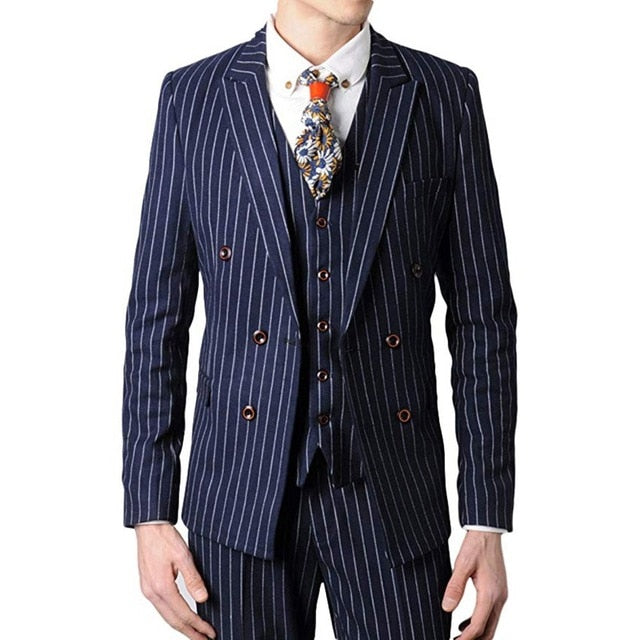 Double Breasted Groomsmen Black/Grey/Navy with White Stripes Groom Tuxedos Peak Lapel Men Suits ( Jacket+Pants+Vest+Tie ) C814