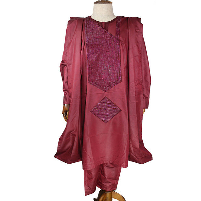 H&D 2019 men african clothes tops pants 3PCS agbada suit long sleeve formal attire embroidery pattern with stones robe africaine