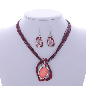 Colorful Enamel African Jewelry Sets For Women Gem Multi layers Leather Pendant Necklaces Earrings Sets