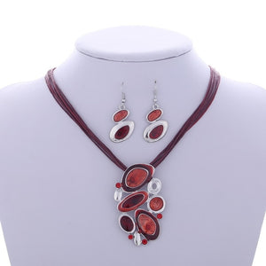 Colorful Enamel African Jewelry Sets For Women Gem Multi layers Leather Pendant Necklaces Earrings Sets